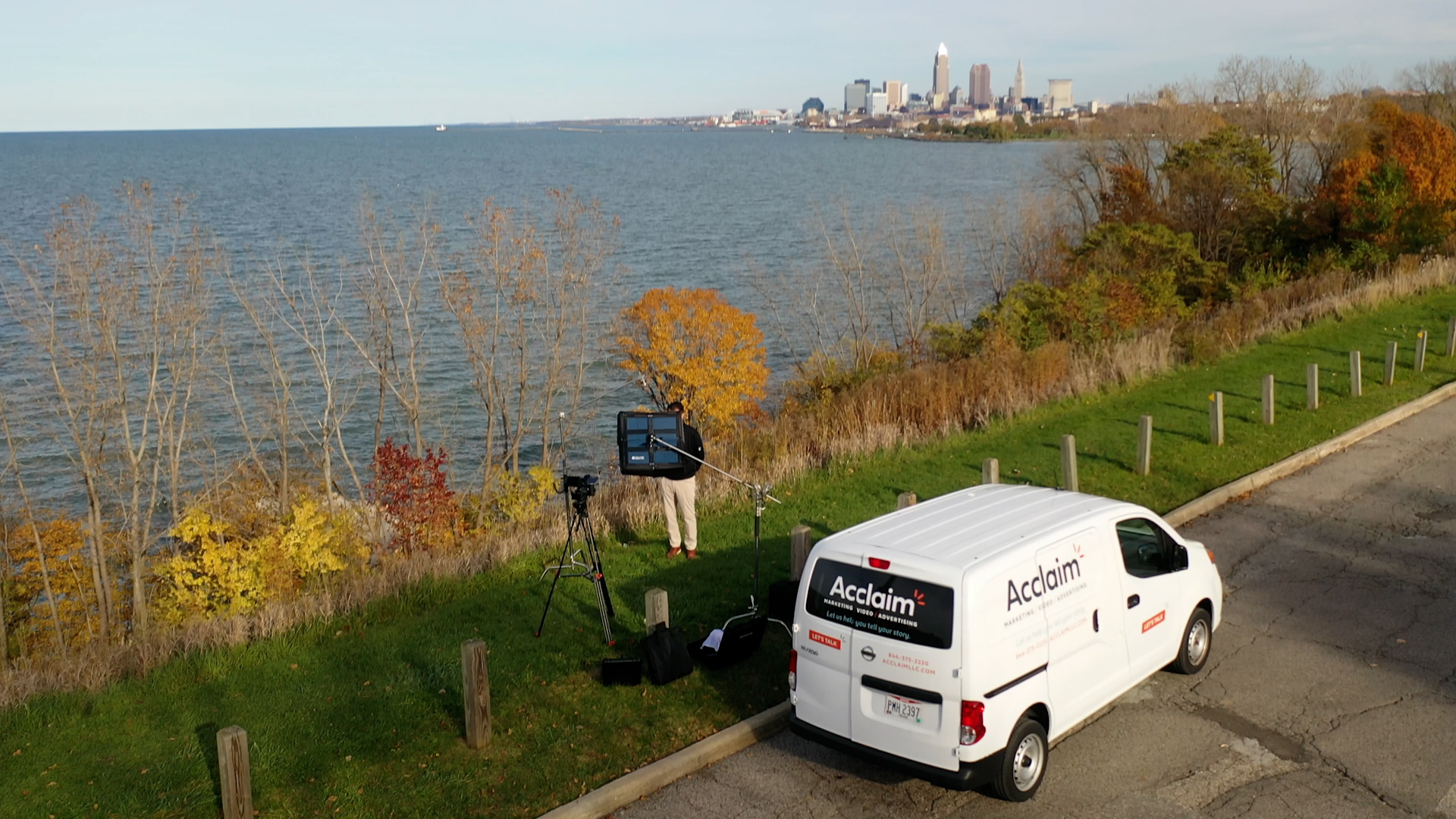The Acclaim van filming on Lake Erie