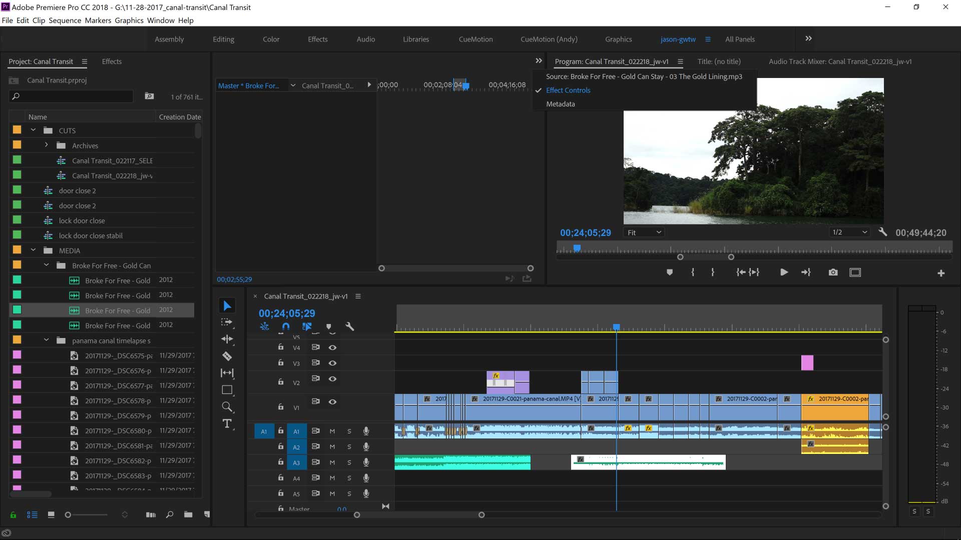 Premiere Pro timeline with image of a river and trees in the preview window.