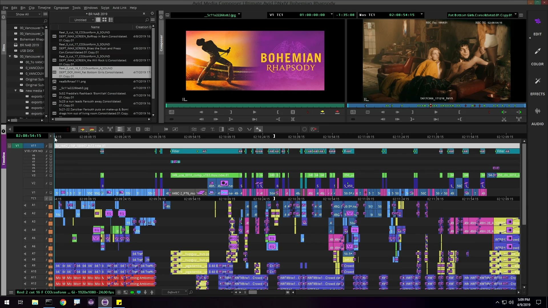 Avid Media Composer timeline with images of Queen's Bohemian Rhapsody in the preview window.