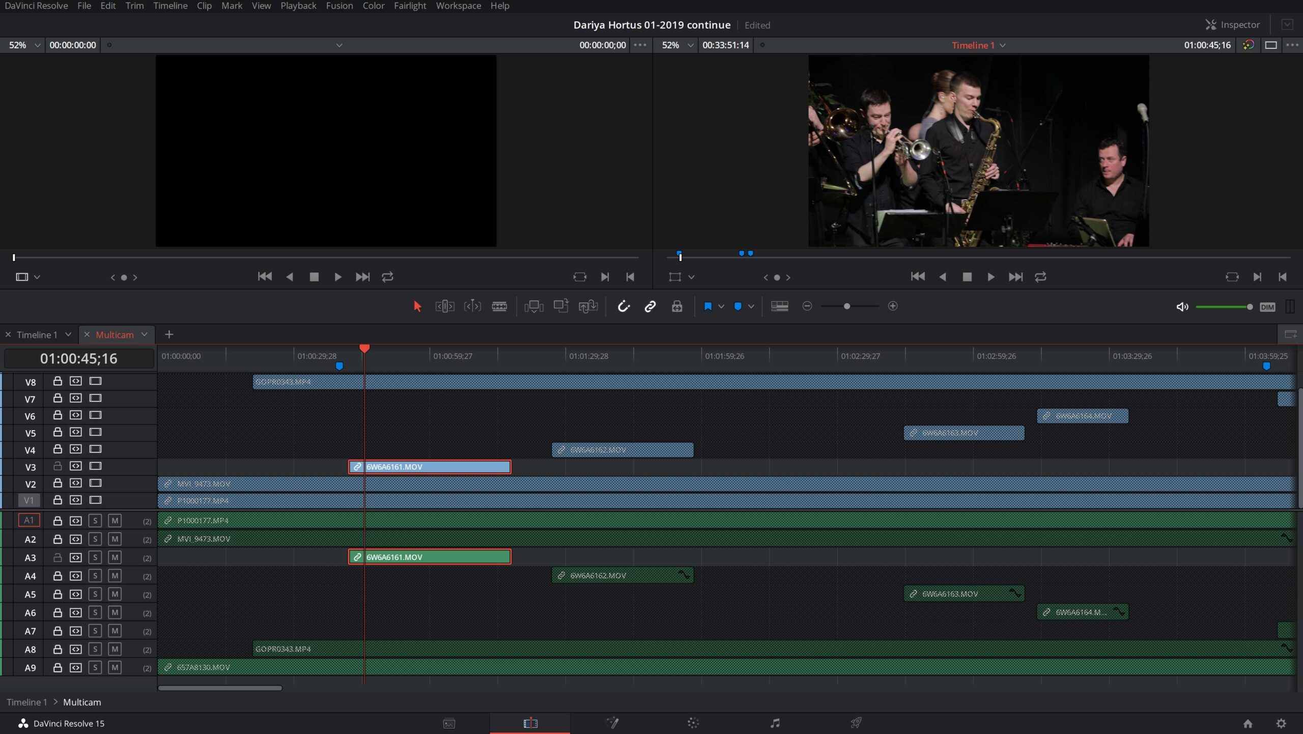 DaVinci Resolve timeline with a saxophone player in the preview window.