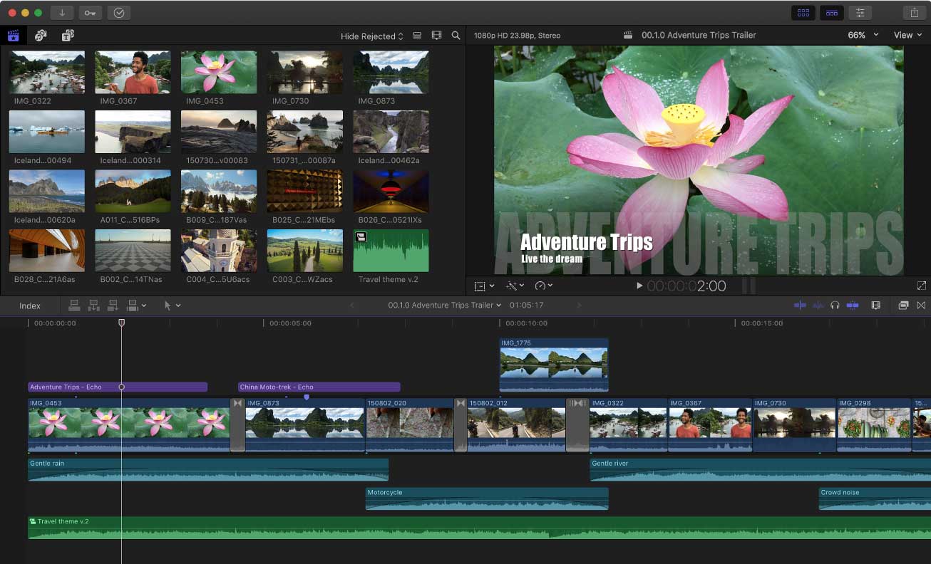 Final Cut Pro timeline with an image of a flower in the preview window.