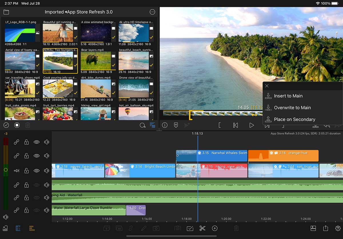 LumaFusion timeline with image of beach in the preview window.