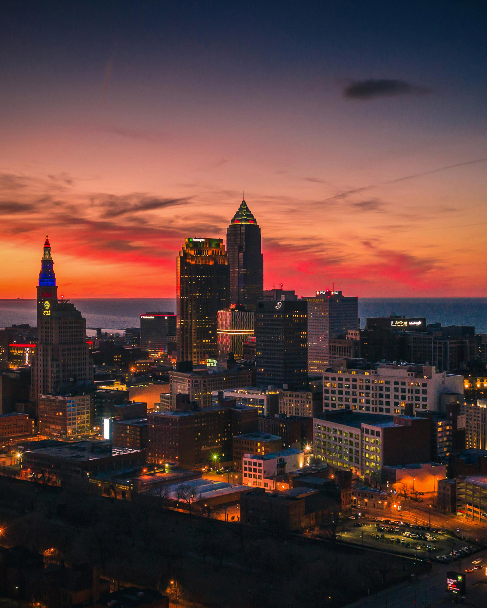 Cleveland Skyline with brand marketing on buildings.