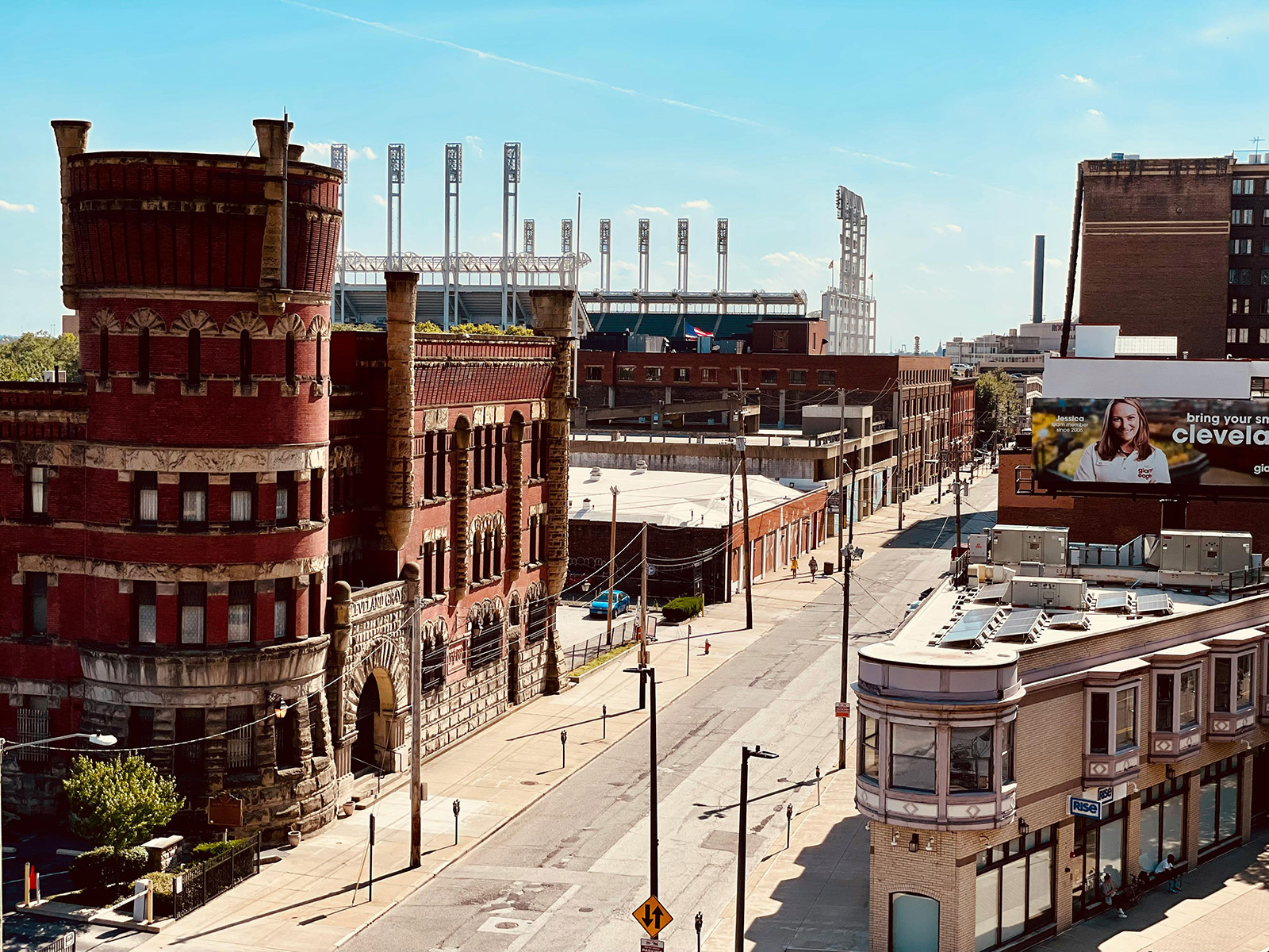 A drone shot of downtown Cleveland.